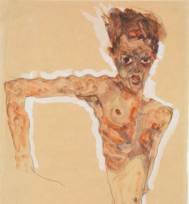 Image of man with contorted, distressed expression on his face. "Self-Portrait" by Egon Schiele, 1911. Courtesy the Metropolitan Museum of Art, Open Access