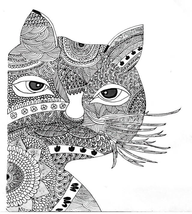 Elaborate line drawing of a cat.