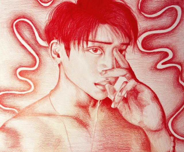 Portrait in red pencil of singer Jonghyun.