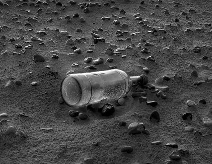 Black and white photograph of a bottle on a beach.