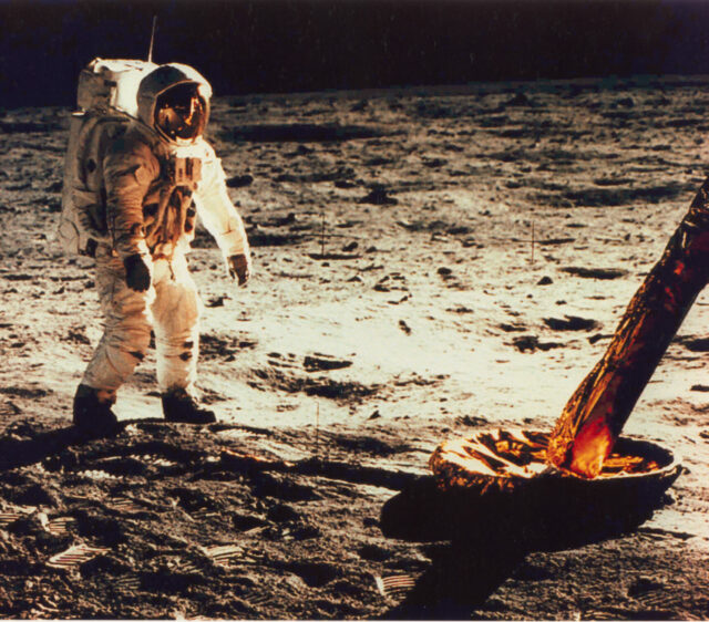 Photograph of Buzz Aldren on the surface of the moon, 1968.