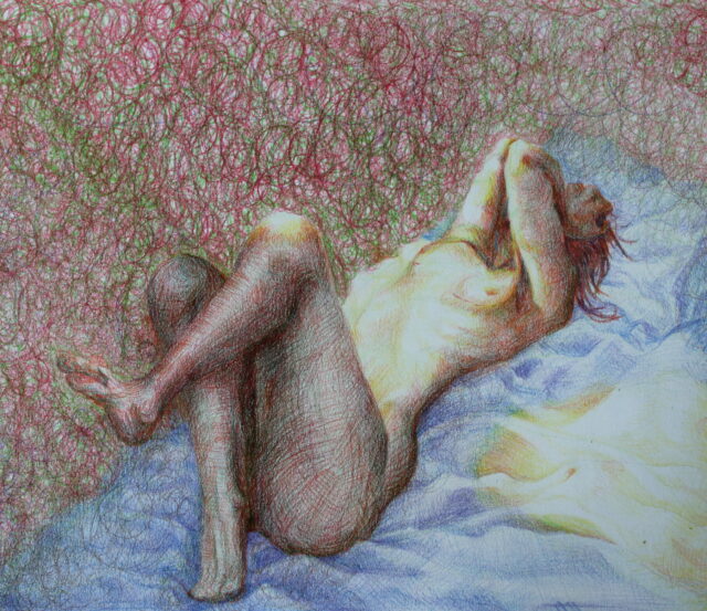 Pencil drawing in color of nude woman reclining