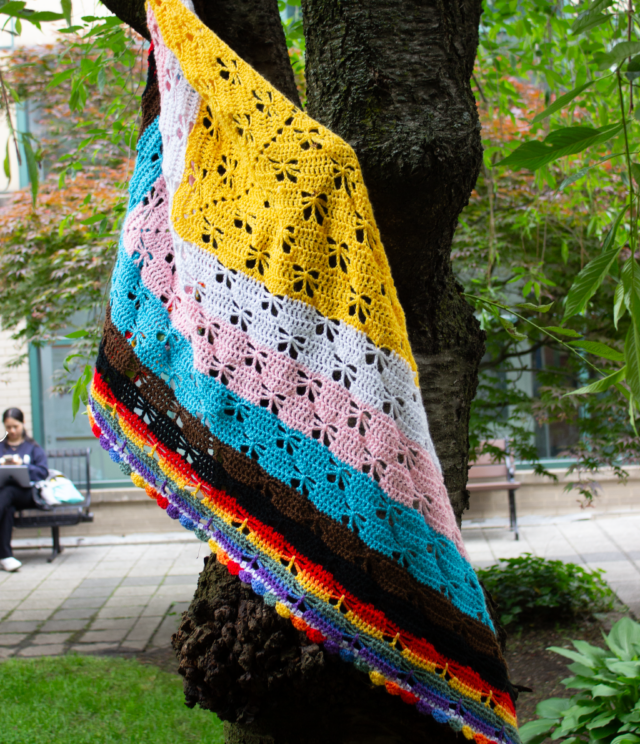 Photograph of a rainbow flag shawl hung on a tree.